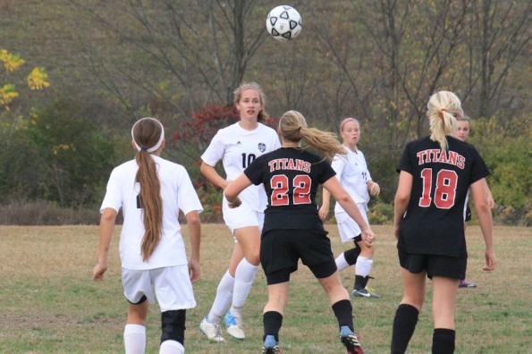 An action shot of the girls varsity soccer game against Tussey Mountain. 