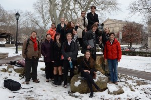 The team stops for a group photo at the Panther Shrine on the Pitt campus.
Left to right (back row): Carrie Vance, Erika Voyzey, Makayla Ritchey, Connor Stroud, Jake Makdad, Molly Fessler-LaPorte.  Second row: Attorney adviser Rich Lupinsky, Paige Umholtz, Shaniah Lowery, Hope Wilson, Haley Butina, Adam Zook, faculty adviser Todd Cammarata.  Front row: Gina Gavazzi