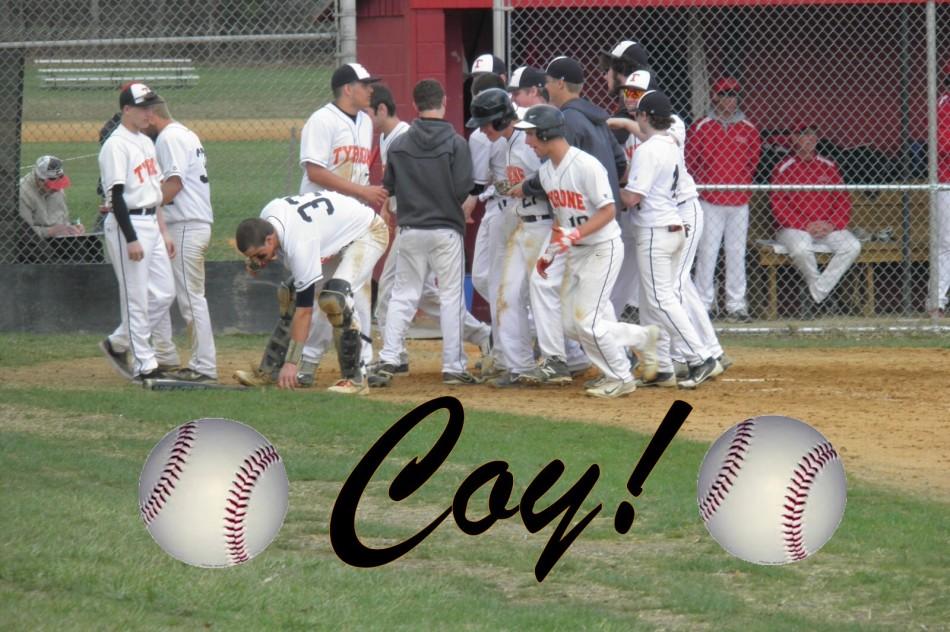 Sophomore Coy Focht is mobbed by his teammates as he crosses the plate following his solo homer in the top of the 8th inning vs. Clearfield