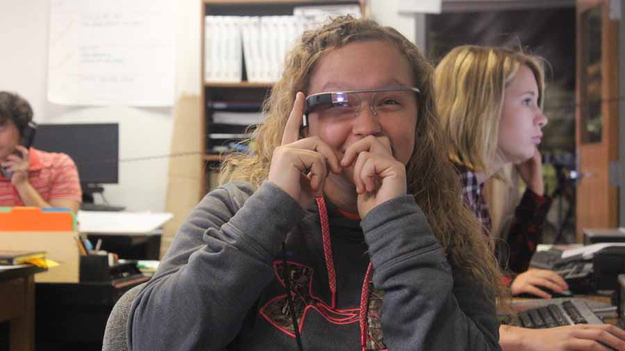 Tyrone student Amber Chamberlin tries out the Tyrone Science Departments pair of Google Glasses.