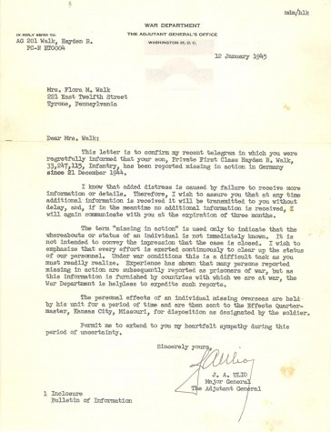 Letter from the War Department confirming PFC Walk’s MIA status. (Courtesy of Connie Shaffer)