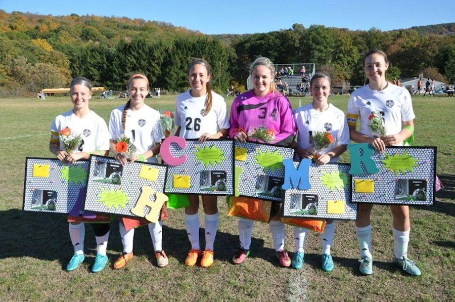 The Lady Eagles soccer seniors (left to right): Anna Baran, Hannah Bowser, Christina Kowalski, Madison Noll, Marissa Panasiti, and Raegan Plowman