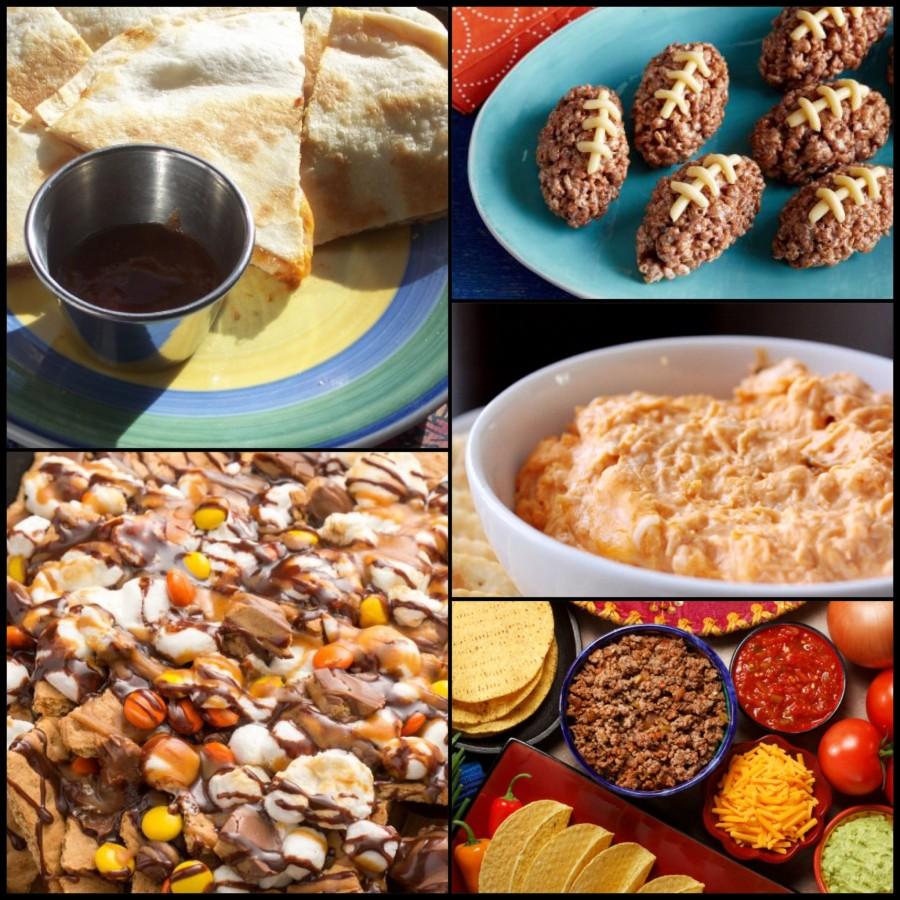 On the left from top to bottom: Pizzadillas and Reeses Nachos
On the right from top to bottom: Football Cocoa-Crispy Rice Treats, Buffalo Chicken Dip, and Create Your Own Taco Bar