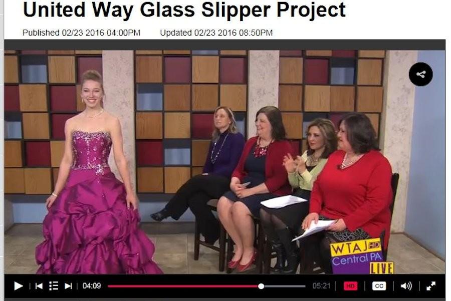 Screenshot of Erika Voyzey modeling a Glass Slipper dress from wearecentralpa.com