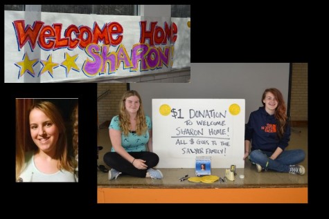 Tyrone sophomores Katelyn Richards and Jamie Lynch accept $1 donations for the Sayler family during A lunch at TAHS.  Inset photos: bottom: Sharon Salyer; top: Students also made a banner to welcome Sharon back to school.