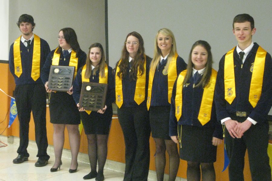 Dakota Fink, Katrina Hagenbuch, Alexis Brode, Elizabeth Conrad, Carly Crofcheck, Baylee DelBaggio and Brandon Decker presented their FFA graduation sashes as the Seniors who will be taking the Production Agriculture NOCTI in late April.  They are considered to be completers or concentrators in the Ag Program over the past four years.