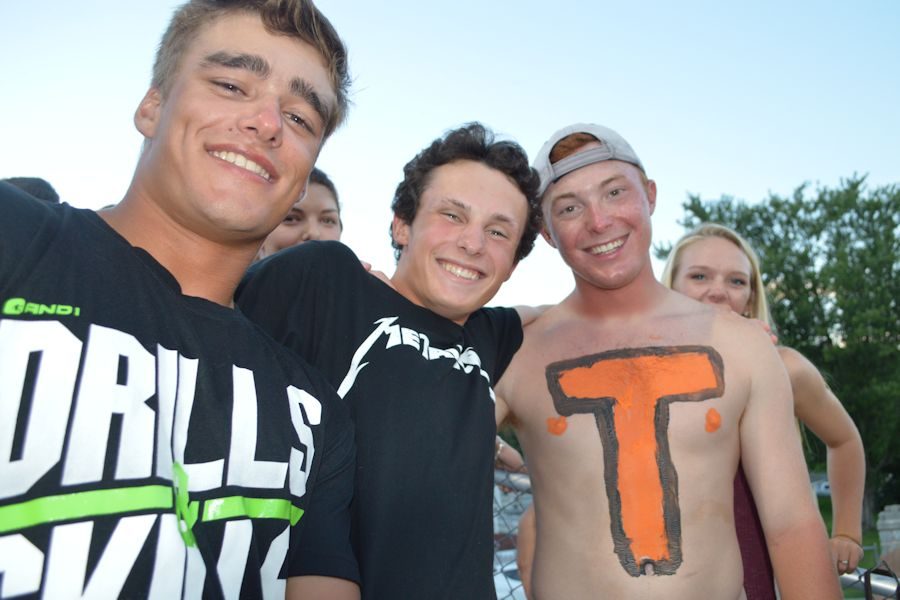 Some ex-Bellwood and ex-Altoona students decided to show Tyrone spirit in the dawg pound. Front row: Caleb Knisely, Andrew Sherren, and Corbin Stroh. Back row: Jade Canak and Andrea Dively.