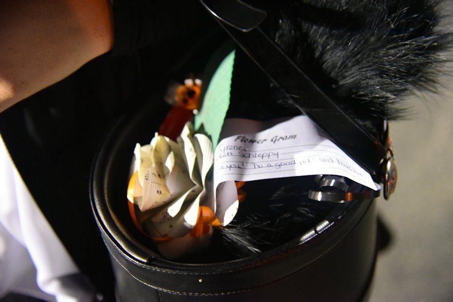Drum Major, Rebekah Schleppys shako with a flower gram inside of it.
