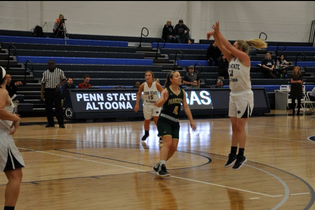 Alexis shooting a mid range shot against Franciscan College.