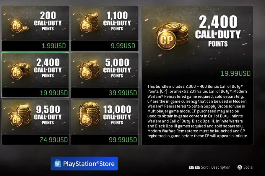 screen shot of in game purchases on Call of Dut