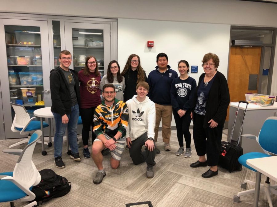 Students from the math education program at PSU University Park were guests in TAHS math classes. Front Row:  Caleb Marasco, Austin Perkosky
Back Row:  Bailey Messelman, Jess Heckler, Kelsey Morris, Spenser Bevins, Anthony Zhang, Laryssa Tricou, Dr. Heid
Missing from photo:  Mathew Black
