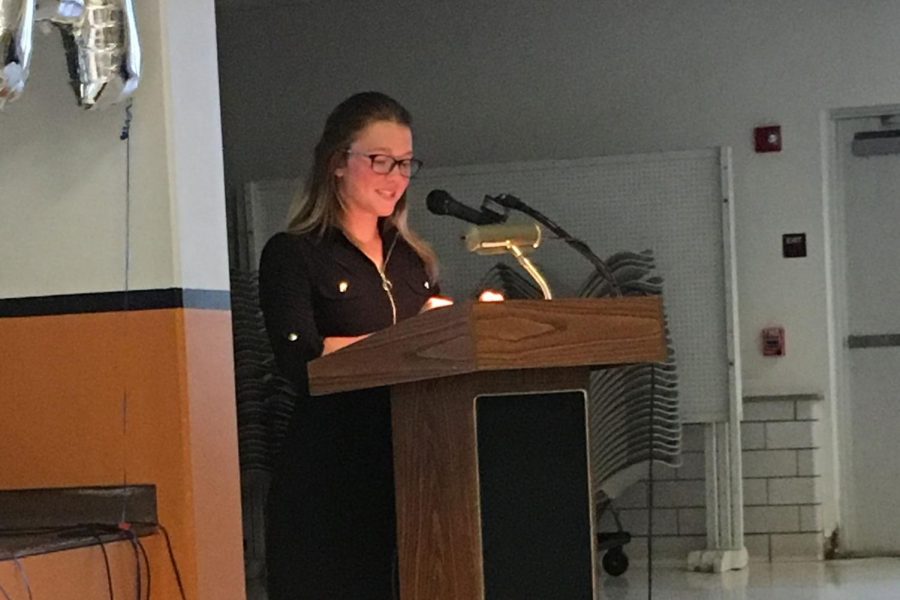 HOSA junior Bri Foy addressed the audience at the HOSA banquest. 
Foy won the award for the most HOSA spirit.