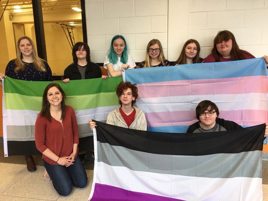 Some of the members of the TAMS-HS LBGT+ Support Group. Front left to right: Ms. Mazurak, Lance Hockenberry, Thad Woomer
Back left to right : Guidance Department intern Ms. Katrina Grigoryan, Landon Gill, Eddie Fessler-Laporte, Megan Rhodes, Meredith Carper, Shay Shawley.