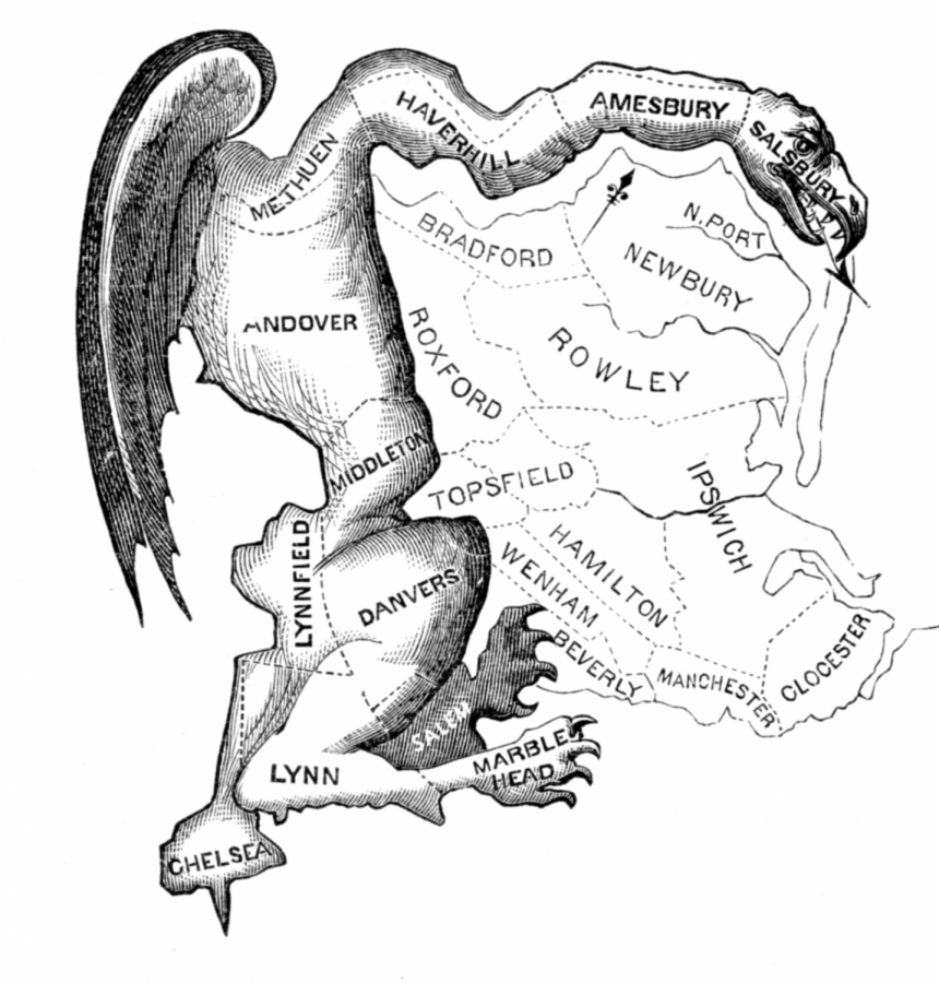 Printed in March 1812, this political cartoon inspired the name Gerrymandering, which refers to any partisan drawing of political boundries