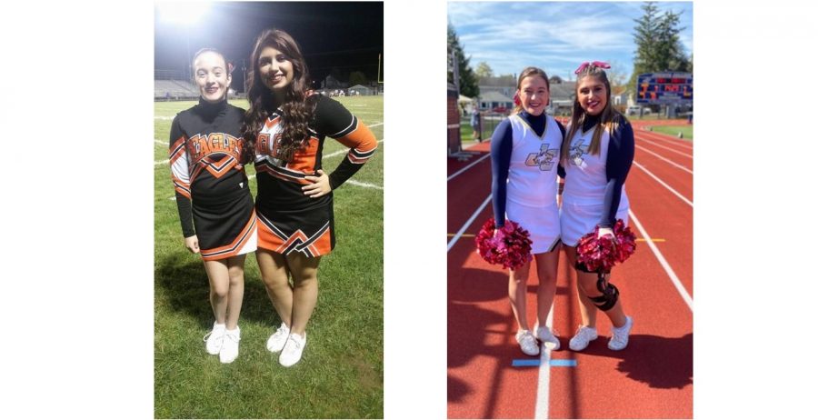 Olivia Watson and Kendra Walker as Tyrone cheerleaders in 2016 (left) and Juniata College cheerleaders in 2019  (right).