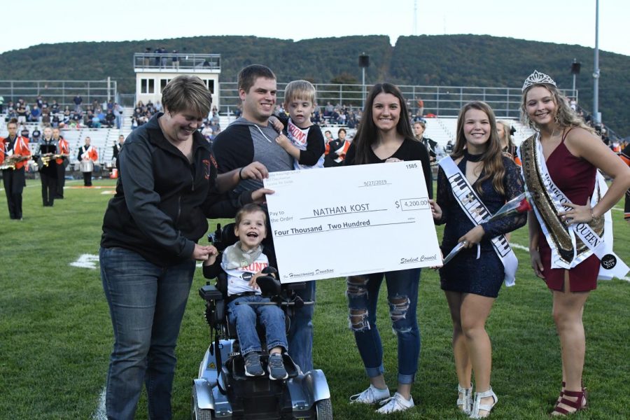 The Kost family accepting the $4,200.00 donation from  Student Council Presidents Emily Detwiler and Mattie Cherry and 2019 Homecoming Queen Reagan Wood