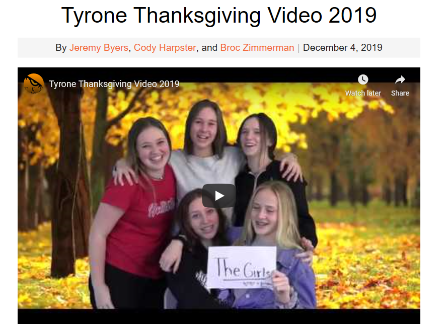 Tyrone High School 2019 Thanksgiving Video