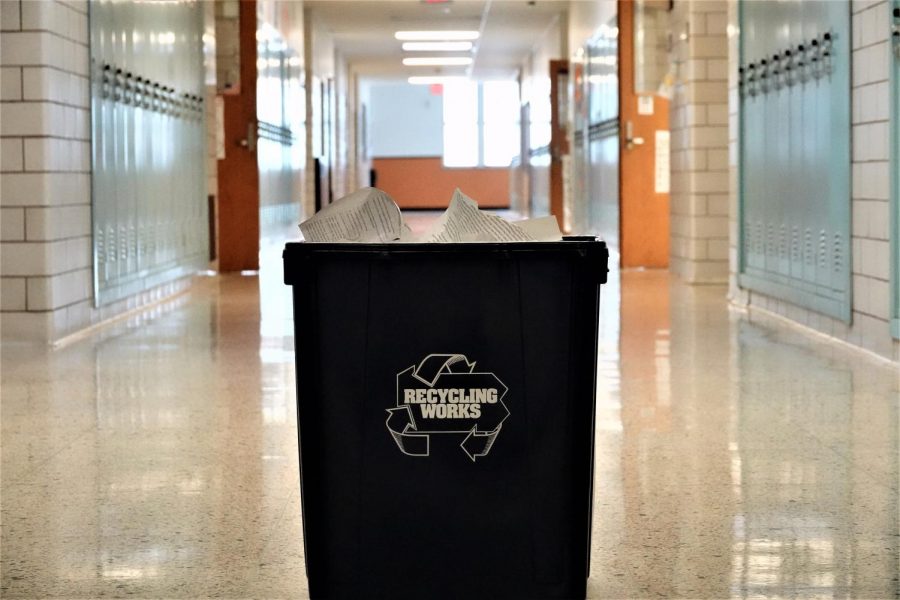 One of the few recycling bins at Tyrone High School is located in the copy room next to Mr. Wilsons classroom. 
The added cost of recycling and a lack of leadership at many levels of the school have made paper recycling something that is lacking at TAHS,