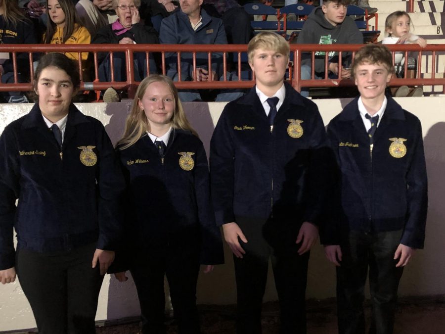 The five first-year jacket recipients displaying their Official FFA jackets. Left to right: Catie Ewing, Jaden Williams, Gavin Woomer, and Justin Jackson. Missing from photo: Kevin Killinger.