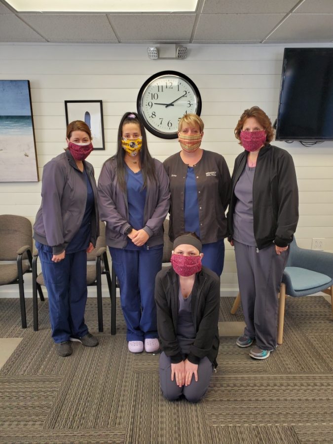 Nurses at Dr. Reinhardts office in Altoona wearing Jane Hydes homemade medical masks.