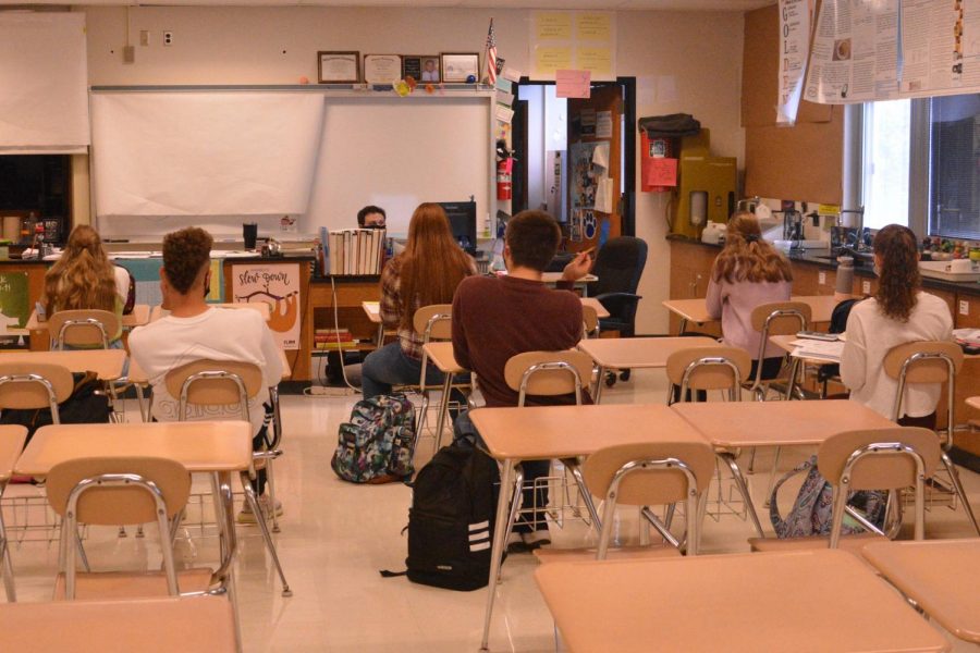 The district put many desks and classroom furniture in storage so that teachers could reorganize their classroom environment to encourage social distancing. 
