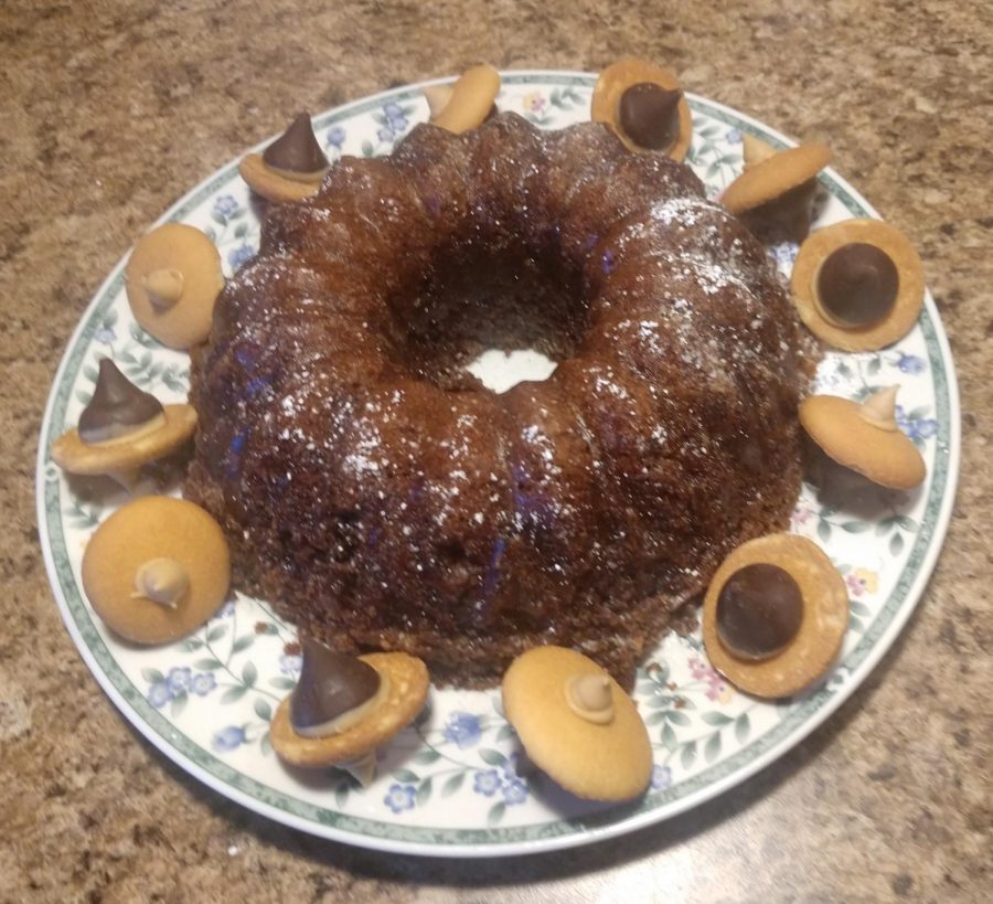 A sugar coated acorn bundt cake with in a wreath of acorn cookies.