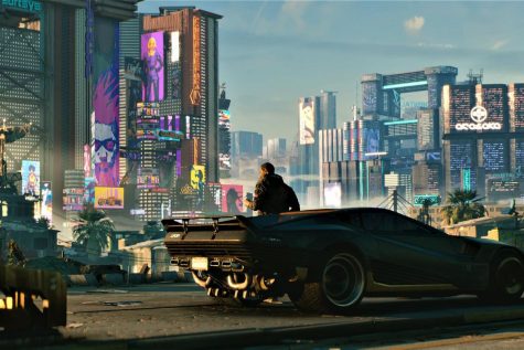 Game scene showing the cityscape of Cyberpunk 