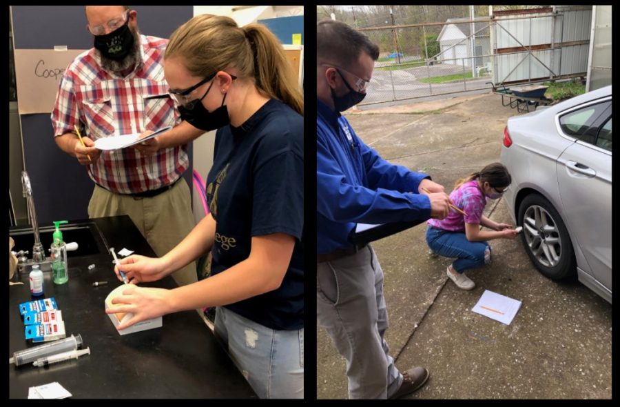 Left: Senior Karly Diebold utilized the injection pads purchased by the FFA chapter through a grant from Tractor Supply Company. Right: Senior Elizabeth Buck is scored by Production Agriculture Proctor Jonathan Seaman from Penn State. 
