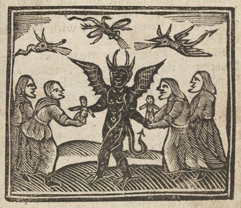 Witches presenting wax dolls to the devil, featured in The History of Witches and Wizards (1720)