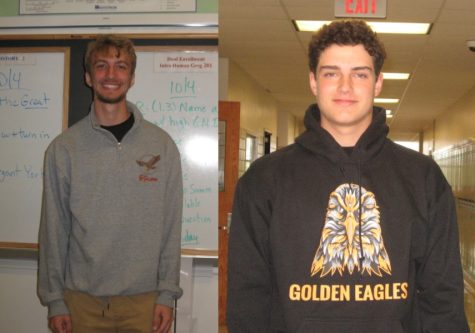 TAHS senior Jake Greene (left) models the grey quarter zip sweatshirt and senior Luke Brooks (right)  models the black hooded sweatshirt.