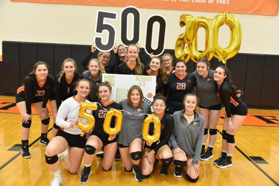 Celebrating Reagan Irons 500th Kill at the end of the match against Bellefonte.
