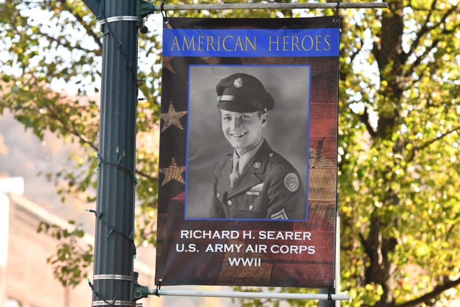 Richard H. Searer's banner hanging in front of Searer Funeral Home on West 10th Street