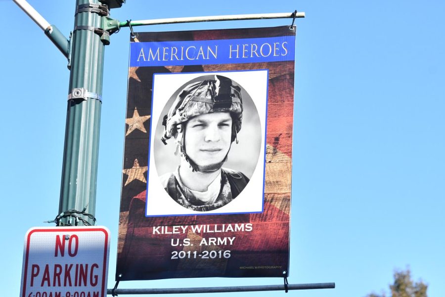 Kiley Williams' banner hanging in front of H&R Block on Pennsylvania Avenue