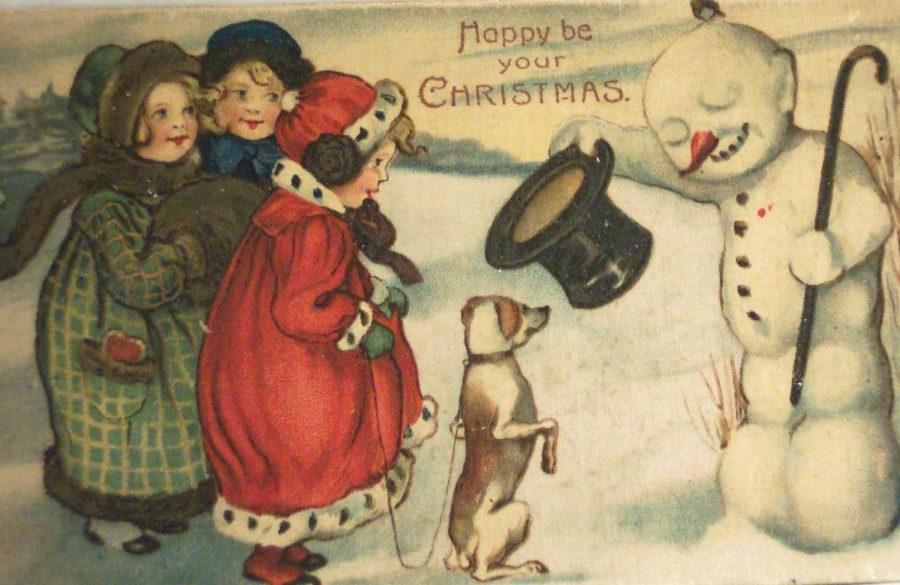 Vintage Christmas Postcard, Snowman and Dog and Kids