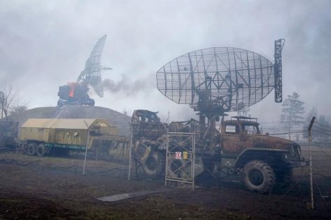 Damaged radar arrays and other equipment at a Ukrainian military facility outside Mariupol on Thursday.