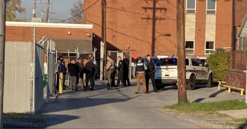 Police gathered outside the Central Court in Altoona after Blair County Corrections Officer Rhonda Russell was killed on November 17, 2021.