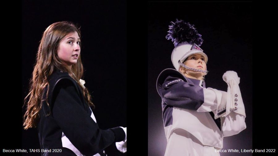 Becca White as the Tyrone Marching Band Drum Major in 2020 (left) and as the Liberty University Drum Major in 2022.