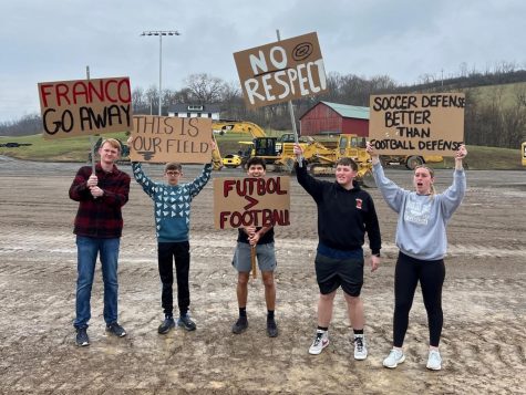 Members of the girls and boys soccer teams have been protesting the loss of their new field to the football team. L-R, Noah Newlin, Nate Ellenberger, Rocky Romani, Kevin Carper and Avalyn Moore. 