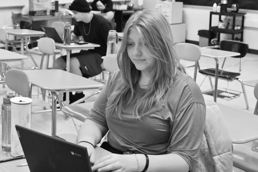 Sophomore cyber student Ava Bickel comes into the school often to get help with her online classes. 