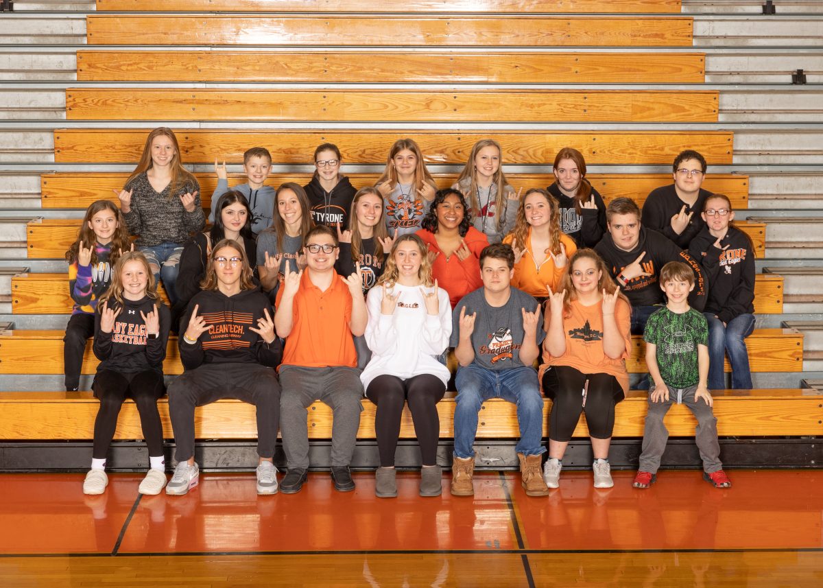 Members of the 2022-23 All Eagles Club. Row 1: Genevieve Naylor, Carter Woomer, Michael Mingle, Avalyn Moore, Michael Updike, Emily McGarvey, Levi Latchford. Row 2: Addison Davis, Hayley Morrissey, Cassidy Miksich, Lydia Seltzer, Ashlynn McKinley, Marley Grazier, Caleb Lavanish, Haley Yeager. Row 3: Destiny Teeters, Brenson Davis, Grace Naylor, Piper Myers, Madison Jones, Hermiane Yeager, Ethan Resuta