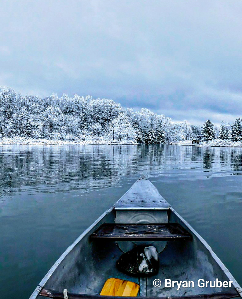 Gruber can be found on the water in any season.  In fact, winter is one of his favorite times to paddle because of its beauty and solitude. 