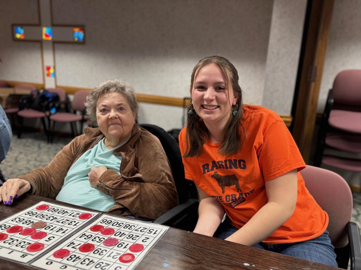 Connie Carder, a Cedarwood resident, enjoyed sharing her stories with Frances Weaver, FFA member,  as they played BINGO on Valentine’s Day.