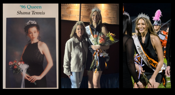 Shana Tennis Woomer at Homecoming in 1996, Shana and her daughter  Alayna Woomer after the 2025 Homecoming, Alayna right after being named the 2025 Homecoming Queen.