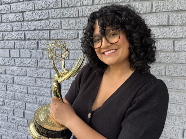 Pazmiño with her Emmy Award that she won for being a member of the team covering the Israel-Hamas war in 2024 (photo courtesy of Alexis Pazmiño).